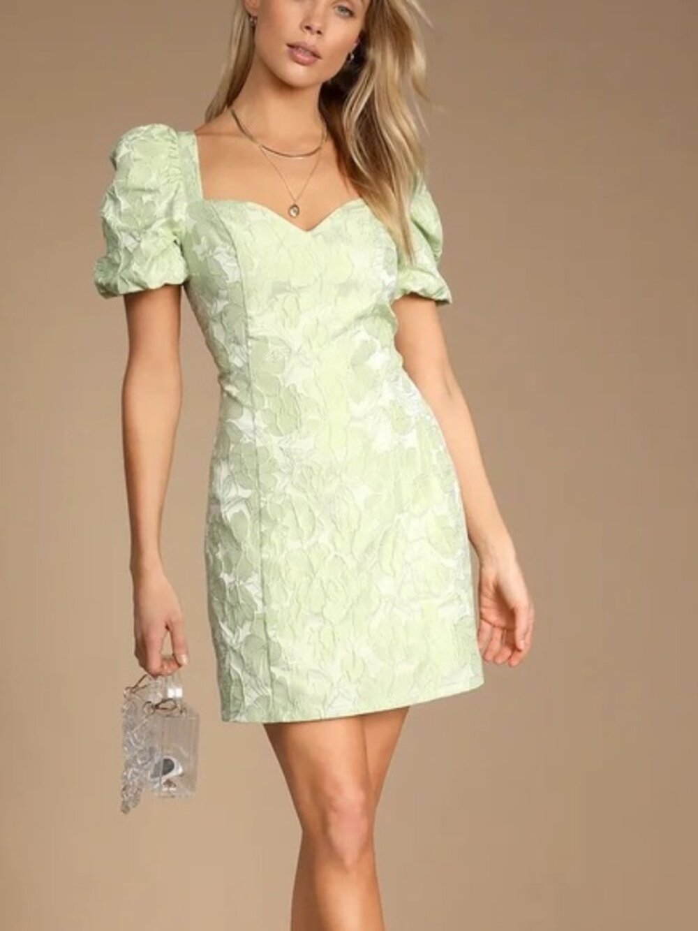 Lulus Beyond Amazing Light Green Floral Jacquard Puff Sleeve Dress | Size M